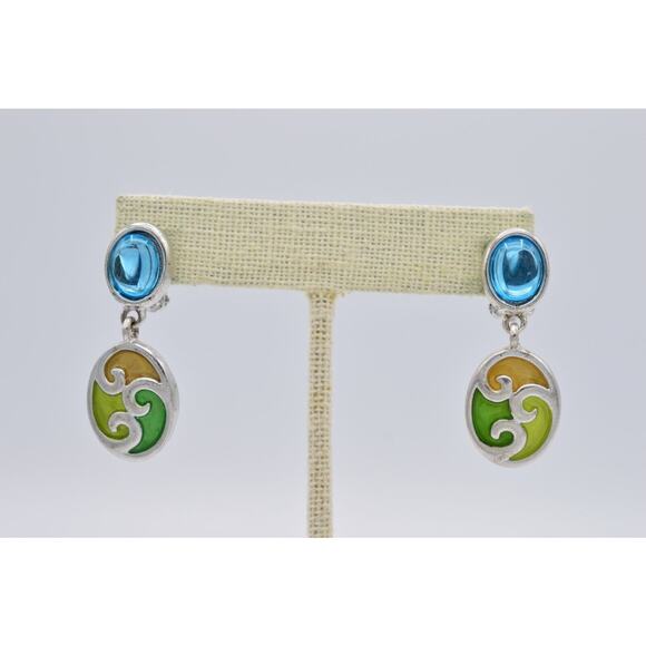 Givenchy Vintage Clip On Earrings Blue Cabochon Green Enamel Signed 1980s BinX - Picture 1 of 9